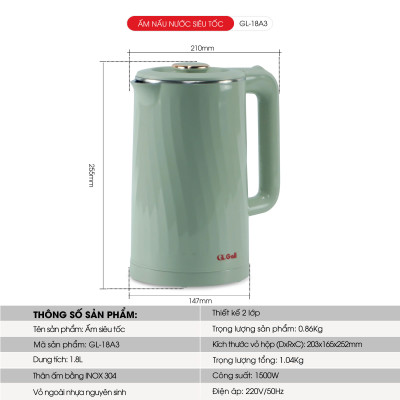 Ấm siêu tốc Gali GL-18A3 1.8L. Thiết kế 2 lớp cách nhiệt, Inox 304. Hàng chính hãng, bảo hành 24 tháng