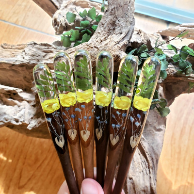 Trâm cài tóc gỗ- resin & hoa snowy vàng- dương sỉ