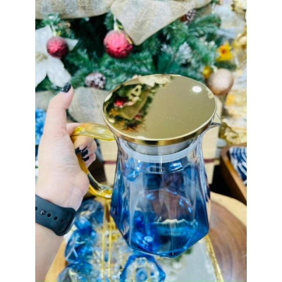 Sét bình đựng nước uống thủy tinh chịu nhiệt cao cấp màu xanh nước biển vân kim cương kèm khay và giá úp