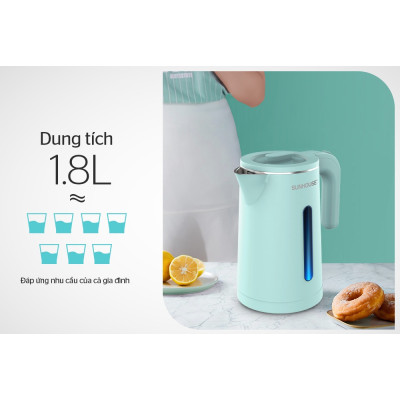 Ấm đun nước siêu tốc Sun house SHD1351 - Bình đun siêu tốc cao cấp inox 2 lớp 1.8L - Hàng chính hãng