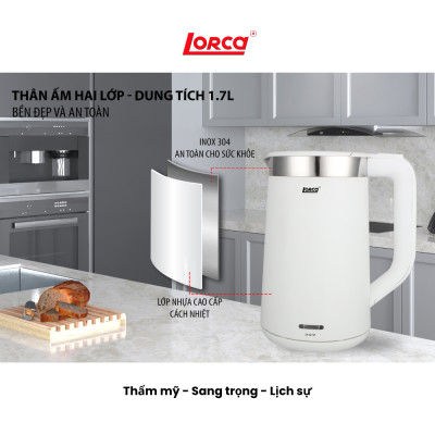 Ấm Siêu Tốc Inox 2 Lớp 1.7L Lorca TA 3015P, Công Suất 2200W, Thân Chống Bỏng, Hàng Chính Hãng Mới