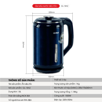 Ấm siêu tôc Gali GL-18A2 1.8 Lít. Inox 304 đúc nguyên khối. Có thang báo mực nước dày 2 lớp cách nhiệt chống nóng. Hàng chính hãng bảo hành 24 tháng