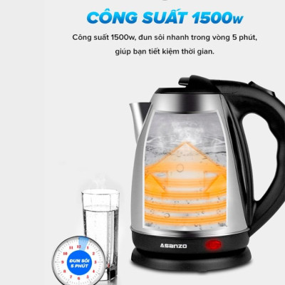 Bình đun siêu tốc 1.8L inox Asanzo SK1800-Hàng chính hãng
