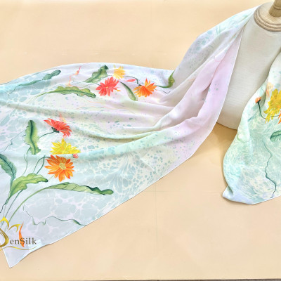 Khăn Thuỷ Ấn Vẽ Tay SenSilk Hoa Đồng Tiền - Silk Shawl Water Marbled Hand Painted - Quà Tặng Đối Tác - Vietnam Silk Gift