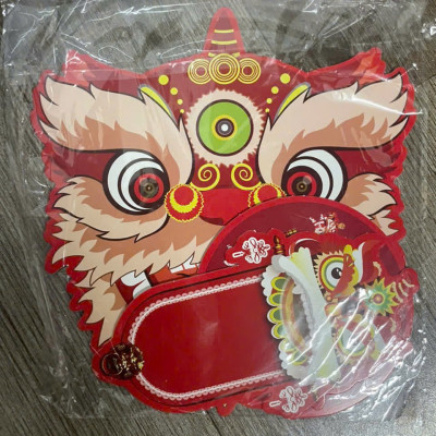 Set 6 Quạt Giấy Đỏ Đầu Lân Đính Ngọc Trai Trang Trí Tết