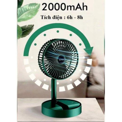 Quạjt Tích Điện Để Bàn Mijni Gấp Gọn: 3 Tốc Độ, Xoay 360 Độ, Pin Dung Lượng Lớn, ĐÈN TRANG TRÍ