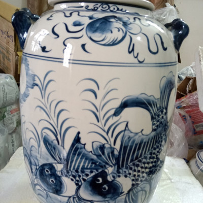 Hũ đựng gạo gốm sứ Bát Tràng vẽ cá chép loại 15L