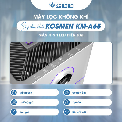Máy Lọc Không Khí Kosmen KM - A65 Lọc Bằng Ion âm, Diệt Khuẩn Bằng Đèn UV, Khóa Trẻ Em - Hàng Chính Hãng BH 24 Tháng