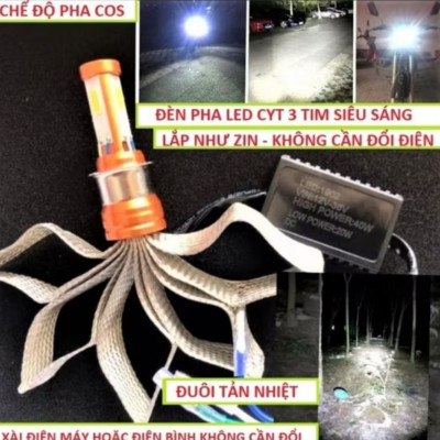 BÓNG ĐÈN PHA LED 3 TIM TẢN NHIỆT ĐUÔI CÔNG LẮP XE MÁY ÔTÔ CỰC SÁNG 