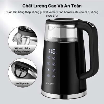 Ấm đun nước siêu tốc SOKANY SK-09050, Ấm đun nước giữ nhiệt dung tích 1.7L, hâm nước pha sữa, điều chỉnh, hiển thị nhiệt - HÀNG CHÍNH HÃNG - DELIYA