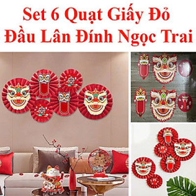 Set 6 Quạt Giấy Đỏ Đầu Lân Đính Ngọc Trai Trang Trí Tết