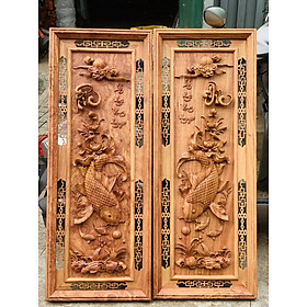 Tranh điêu khắc lý ngư vọng nguyệt bằng gỗ hương đá kt 42×117×5cm