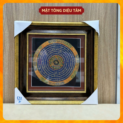 Tranh Mandala Chú Om Mani Padme Hum kèm khung 32cm Vẽ Tay Thủ Công Nepal Tranh chú lục tự chân ngôn Mật tông Diệu Tâm