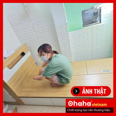 [ Kèm Ảnh Thực Tế - Miễn phí vận chuyển & Lắp đặt ] Giường ngủ gỗ cao cấp kèm đèn LED Ohaha - Vàng gỗ/Trắng - OH011