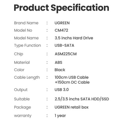 Ugreen UG30729CM472TK 3.5inch 16Tb 1M Hộp đựng ổ cứng SATA hổ trợ 16Tb kèm cáp USB-A sang USB-C hổ trợ nguồn 12v-2A - HÀNG CHÍNH HÃNG