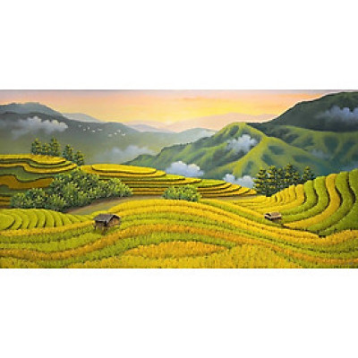 (HCM) Tranh dán tường làng quê Việt Nam yên bình  tích hợp sẵn keo rất dễ dán( có in theo kích thước yêu cầu)