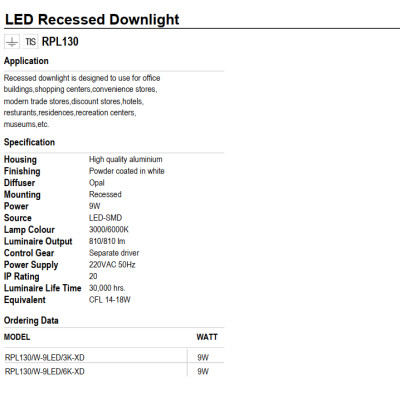 ĐÈN LED ÂM TRẦN LUMAX#RPL130/W-9LED/3K - TRÒN, THÂN NHÔM CLC (Toà nhà, văn phòng, TT mua sắm,nhà hàng,...)