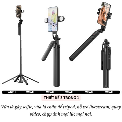 Gậy chụp ảnh selfie tự sướng kiêm tripod 4 chân khung nhôm, đèn Flash trợ sáng hiệu WlWU Wi-SEO12 - Tích hợp remote control bluetooth, Xoay 360 độ, thân nhôm, kéo dài 1,8m, chắc chắn, bền bỉ, gập gọn, pin sạc type C cho iPhone Oppo Samsung- Hàng nhập khẩu
