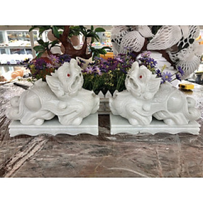 Cặp Tỳ Hưu phong thủy đá cẩm thạch trắng xanh - Dài 25 cm