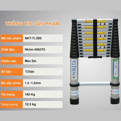 Thang nhôm rút gọn đơn - 14 bậc - 5m-R50