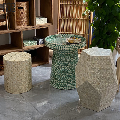 Ghế đôn khảm trai ECOHUB họa tiết sinh động, trang trí  decor  | E00355