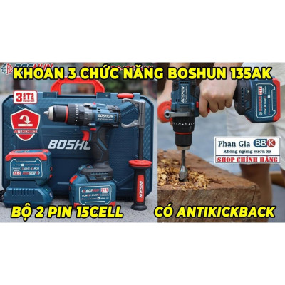 Máy [chính hãƞg] Khoan Pin BOSHUN BS-ID135AK , Anti-kickback, Động cơ Không chổi than 135Nm, 13mm, 3 chức năng