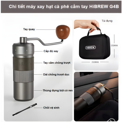 Máy xay hạt cà phê cầm tay chuyên nghiệp, lưỡi xay 6 cánh core kép, 55 cấp độ và 11 level thương hiệu HiBREW G4B - Hàng Nhập Khẩu