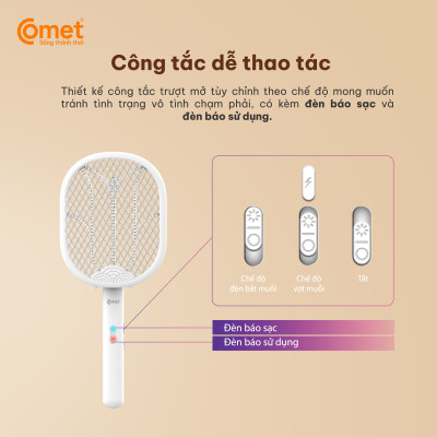 Vợt muỗi điện Comet CP048 Pin Lithium 500mAh sạc 2h dùng 10 ngày BH 12T cổng sạc type C