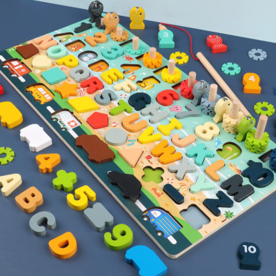 Đồ Chơi Gỗ, Bảng Gỗ Thông Minh 6IN1 Đồ Chơi Giúp Bé Phát Triển Trí Não Giáo Dục Theo Phương Pháp Montessori - Tặng Kèm 01 Tranh Ghép Bằng Gỗ