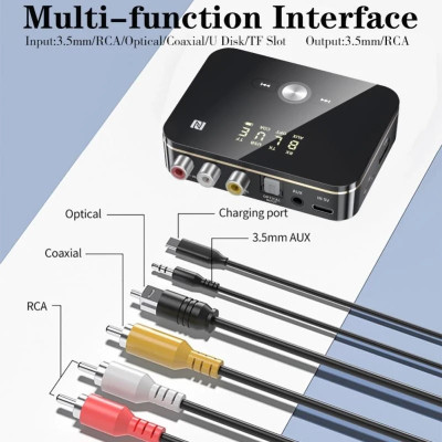 Thiết Bị Thu Phát Tín Hiệu Bluetooth 5.0 NFC Có Đèn LED Và Giắc Cắm 3.5mm AUX RCA Bluetooth M8 - Hàng Nhập Khẩu