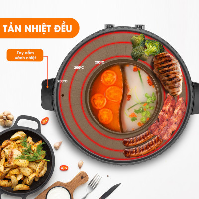 Nồi lẩu điện 2 ngăn Lebenlang LBTT5288, bếp lẩu nướng 2in1 đa năng tròn loại to,công suất 1800W tiện lợi cho gia đình - hàng chính hãng