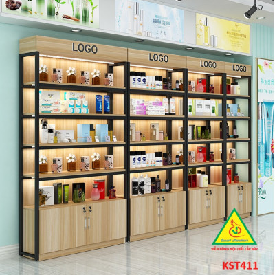 Kệ trưng bày sản phẩm, hàng hóa , kệ trang trí khung sắt mặt gỗ KST411- Nội thất lắp ráp Viễn Đông Adv