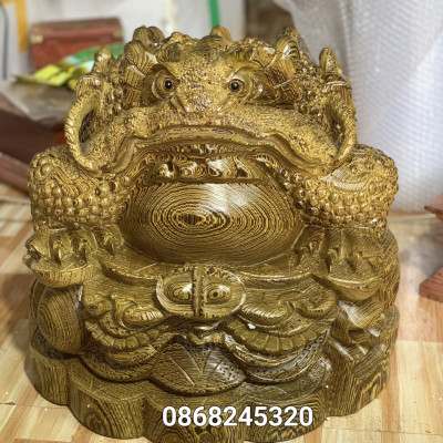 Cóc thiềm thừ phong thủy cầu tài lộc bằng gỗ mun đuôi công kt 48×48×40cm 