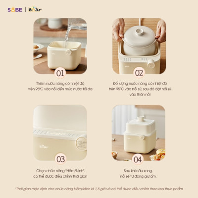 Nồi Chưng Yến, Nồi Tiềm Thuốc Bắc, Nồi Nấu Chậm BEAR SUBE001 Kèm Lồng Hấp Dung Tích 0.8 Lít, Công Suất 200 W - Hàng Chính Hãng