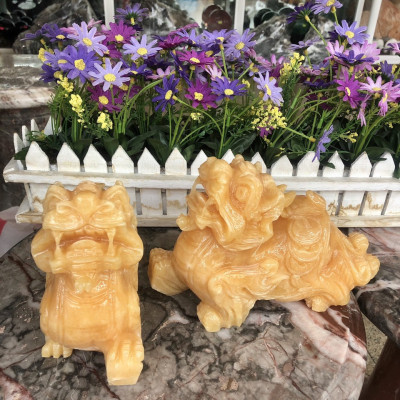 Cặp Tỳ Hưu phong thủy đá ngọc hoàng long - Dài 20 cm