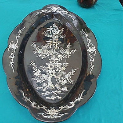 Tranh Dĩa sơn mài cẩn ốc Hoa Mai và chữ Phúc Lộc Thọ