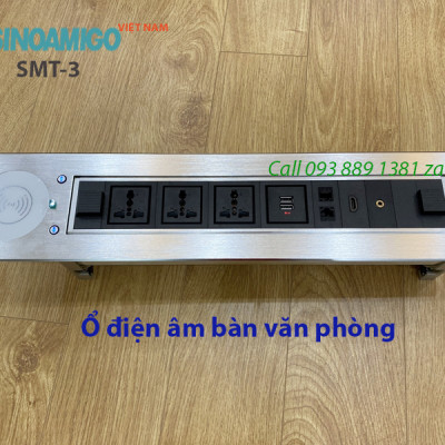 Hộp điện âm bàn họp, bàn văn phòng Sinoamigo SMT-3, xoay 180 độ,  tích hợp sạc không dây