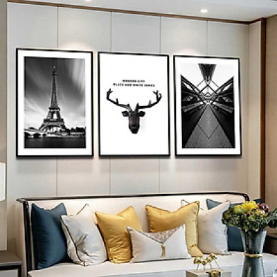 Bộ 3 tranh canvas treo tường Decor Họa tiết hươu và thành phố phong cách cổ điển – DC101