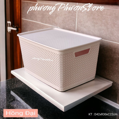 Combo 2 giỏ nhựa đan giả mây đựng đồ kiểu Hàn Quốc có nắp size đại