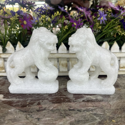 Cặp Sư Tử phong thủy đá cẩm thạch trắng - Cao 13 cm