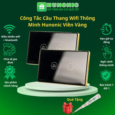 Công Tắc Cầu Thang Wifi Hunonic Viền Vàng Liên Kết Đảo Chiều Không Cần Mạng Internet