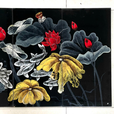 Bộ Tranh sơn mài Thanh Bình Lê 4 tấm- Hoa Sen  đắp nổi 3D size 60x120 cm hàng xuất khẩu