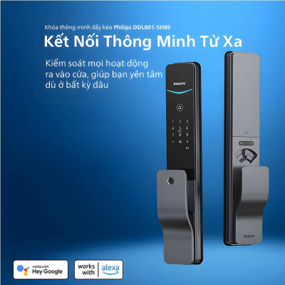 Bộ khóa cửa thông minh Gateway điều khiển từ xa, vân tay, thẻ từ, mật khẩu và chìa cơ, tích hợp kèm chuông cửa Philips DDL801-5HBS - Hàng nhập khẩu