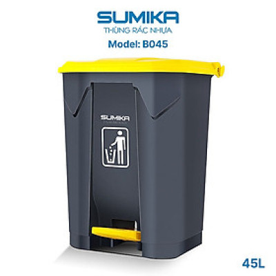 Thùng rác nhựa gia đình SUMIKA B045, dung tích 45L, thùng màu xám, nắp vàng