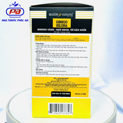 Viên uống bổ não hỗ trợ ngăn ngừa đột quỵ Mason Natural Ginkgo Biloba Mỹ 60 viên