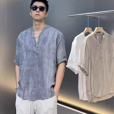 Áo sơ mi đũi nam retro ngắn tay cổ tàu mẫu mới cao cấp