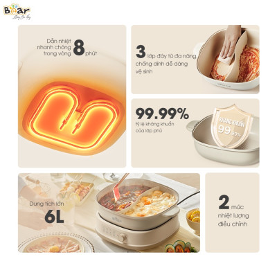 Nồi Lẩu Điện 2 Ngăn Bear SB-NL60U Nhiều Chế Độ Dung Tích 6 Lít Công Suất 1600 W - Hàng Chính Hãng