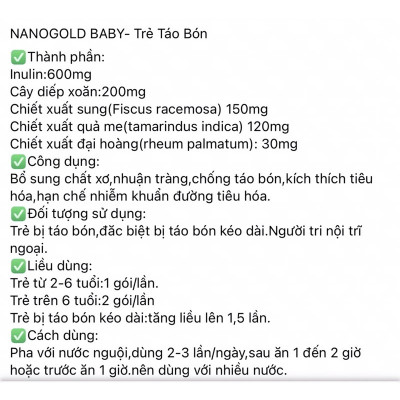 Cốm táo bón NanoGold Baby Vinh Thịnh Vượng VV, hộp 20 gói, bổ sung chất xơ, ngừa táo bón cho trẻ