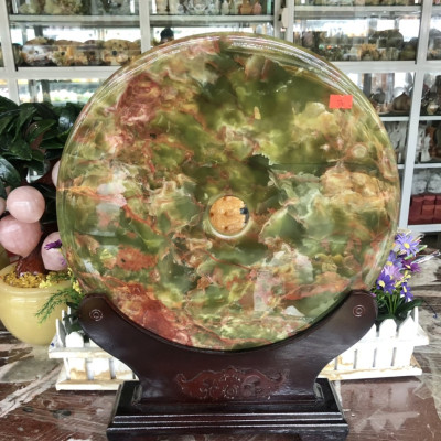 Đồng điếu (đồng tiền ) phong thủy đá ngọc Onyx xanh đậm - Đường kính 35 cm