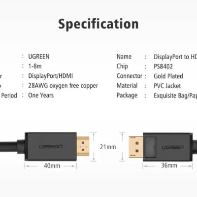Ugreen UG10203DP101TK 3M Màu Đen Cáp chuyển đổi Displayport sang HDMI thuần đồng - HÀNG CHÍNH HÃNG